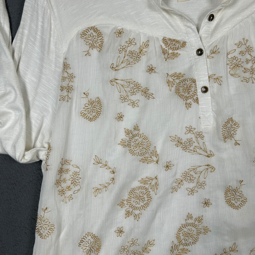 Style & Co Blouse Womens L White Gold Floral Embroidered Henley Bell Sleeve Top - Picture 6 of 7
